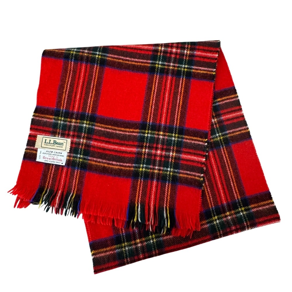 Vintage L.L. Bean Glen Cairn Wool Scarf Made in Great Britain 12x51 Red Plaid